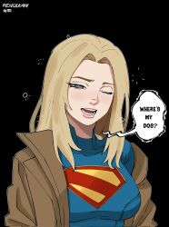 1girl artist_name black_background blonde_hair blue_eyes blue_shirt breasts brown_jacket commentary dated dc_comics english_commentary english_text highres jacket large_breasts long_hair making-of_available one_eye_closed open_mouth pencilkami shirt simple_background sleepy solo supergirl superhero_costume superman_(2025) upper_body