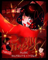 Rule 34 | 1girl, abstract background, black border, black hair, blush, border, cowboy shot, dress, firefly (vocaloid), from behind, hair ribbon, heterochromia, highres, looking at viewer, looking back, mismatched pupils, multicolored eyes, multiple views, open mouth, outstretched arms, red background, red dress, red eyes, red ribbon, ribbon, shooting star (symbol), short hair, shovel, smile, spotted hair, spread arms, tasogare (tsgr), vocaloid, wide-eyed, yellow eyes