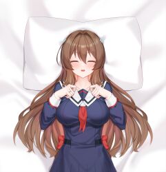 1girl 71150521_(user_agrk2888) bed_sheet blue_dress blush bow breasts brown_hair closed_eyes collarbone dress facing_viewer hair_between_eyes hair_ornament head_on_pillow highres jewelry katsuragi_marina kouyoku_senki_exs-tia large_breasts long_hair long_sleeves lying on_back on_bed open_mouth pillow red_bow ring sailor_collar sailor_dress school_uniform smile solo very_long_hair wedding_ring