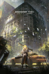 1girl artist_name building car city cityscape coat commentary dated english_commentary english_text ford ford_crown_victoria ford_crown_victoria_(2nd_generation) grass gun highres holding holding_gun holding_weapon long_hair long_sleeves motor_vehicle nerok orange_hair original outdoors ruins scenery signature skyscraper solo standing taxi watermark weapon white_coat wide_shot wreckage yellow_car
