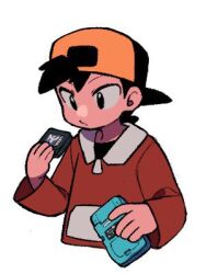 1boy backwards_hat black_eyes black_hair black_shirt closed_mouth commentary ethan_(pokemon) game_boy game_boy_color handheld_game_console hat holding holding_game_cartridge holding_handheld_game_console jacket long_sleeves lowres male_focus nintendo pokemon pokemon_gsc red_jacket shirt short_hair simple_background solo symbol-only_commentary tyako_089 upper_body white_background