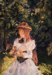 1girl ashashio closed_eyes closed_mouth dress flower flower_hat hat long_hair looking_to_the_side nitroplus ootori_kanae_(soukou_akki_muramasa) pink_hair soukou_akki_muramasa tree white_dress