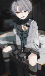 1boy :d absurdres between_legs black_sclera black_shorts blue_eyes blurry blurry_background book brown_shoes coat colored_sclera depth_of_field feet_out_of_frame gloves grey_gloves grey_hair hand_between_legs heterochromia highres id_card indoors legwear_garter looking_at_viewer lower_teeth_only male_focus open_mouth raysse reverse:1999 shoes short_hair shorts sitting smile solo teeth white_coat x_(reverse:1999) yellow_eyes