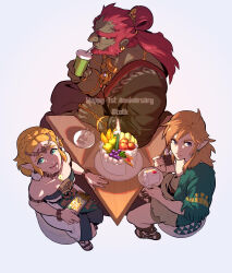 1girl 2boys absurdres anger_vein arm_on_table arm_up armband beard blonde_hair blue_eyes bracelet braid brown_pants brown_tunic cake cake_slice chewing commentary crossed_legs crown_braid cup dark-skinned_male dark_skin disposable_cup dress drink drinking_straw drinking_straw_in_mouth earrings english_text facial_hair food fork fruit ganondorf gladiator_sandals green_eyes hair_intakes hand_on_table happy_anniversary highres holding holding_drink holding_fork holding_plate jewelry link long_hair looking_ahead looking_to_the_side looking_up magatama multicolored_clothes multiple_boys multiple_earrings muscular muscular_male necklace nintendo open_mouth pants plate pointy_ears princess_zelda red_hair redlhzz rehydrated_ganondorf sandals sheikah_slate sideways_glance simple_background single_bare_shoulder sitting sleeveless sleeveless_dress smile table the_legend_of_zelda the_legend_of_zelda:_tears_of_the_kingdom thick_eyebrows triforce tunic veins white_background white_dress