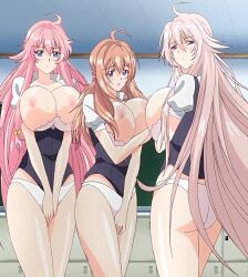 3girls aota_natsu ass breasts brown_hair huge_breasts inami_mashiro kujou_sakura large_breasts multiple_girls nipples panties pink_hair purple_eyes saimin_class school_uniform thighs underwear white_hair