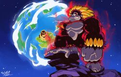 Rule 34 | 1boy, absurdres, alternate form, azeitchenko, banana, commentary, donkey kong, donkey kong (series), donkey kong bananza, dragon ball, dragon ball gt, english commentary, food, fruit, gorilla, grin, highres, kong bananza, looking at viewer, navel, necktie, nintendo, orange eyes, parody, planet, red aura, red fur, red necktie, rock, signature, smile, solo, space, standing, star (sky)