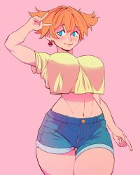 1girl aged_up alternate_costume arm_at_side arm_up blue_eyes blue_shorts blush breasts closed_mouth crop_top crop_top_overhang cropped_shirt curvy cutoffs denim denim_shorts earrings hair_between_eyes jewelry large_breasts legs_together looking_at_viewer midriff misty_(pokemon) narrow_waist navel nintendo orange_hair pokemon pokemon_(anime) pokemon_(classic_anime) pokemon_rgby shirt short_hair short_shorts short_sleeves short_twintails shorts smile solo standing stomach thick_thighs thigh_gap thighs twintails v wide_hips yellow_shirt