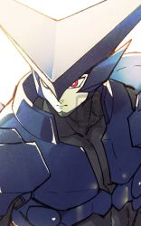 Rule 34 | 1boy, armor, brigadoon, closed mouth, collarbone, cropped, male focus, melan blue, red eyes, shin (sinsin12121), simple background, solo, upper body, watermark, white background