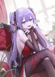 1girl alternate_costume bare_shoulders between_fingers breasts brown_thighhighs chair coin commentary_request crossed_legs detached_sleeves dress epic_seven highres holding korean_commentary long_hair long_sleeves looking_at_viewer medium_breasts open_mouth purple_hair red_dress rinak_(epic_seven) sideboob sitting sleeveless sleeveless_dress smile solo thighhighs twintails very_long_hair yellow_eyes yohaku