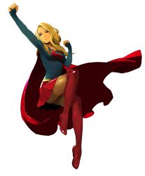 1girl absurdres arm_up blonde_hair blue_eyes boots breasts cape dc_comics enami_katsumi female_focus floating full_body highres knee_boots kryptonian long_hair long_sleeves miniskirt plantar_flexion pleated_skirt red_boots simple_background skirt solo supergirl superhero_costume superman_(series) swept_bangs thigh_boots thighhighs white_background