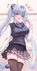 1girl absurdres black_skirt black_thighhighs blue_eyes blue_hair blue_sweater breasts candy commentary food goddess_of_victory:_nikke hansel_(nikke) highres holding holding_candy holding_food holding_lollipop lollipop long_hair pleated_skirt shirt skirt solo sweater sxrxri_a thigh_gap thighhighs thighs twintails very_long_hair white_shirt zettai_ryouiki