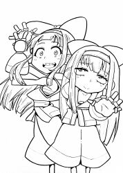 2girls ainu_clothes breasts cleavage fingerless_gloves gloves hair_ribbon highres leaning_forward legs long_hair looking_at_viewer monochrome multiple_girls nakoruru no_bra open_mouth pants ribbon samurai_spirits sarashi sketch small_breasts smile snk teeth the_king_of_fighters thighs tongue waving