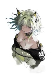 1girl absurdres animal_ear_fluff animal_ears arknights bare_shoulders breasts cleavage commentary cropped_torso english_commentary floating_hair green_hair grey_eyes hair_between_eyes halterneck highres kal&#039;tsit_(arknights) large_breasts layton_(sanlayton) looking_at_viewer material_growth medium_hair off_shoulder oripathy_lesion_(arknights) parted_lips simple_background solo white_background