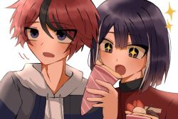 2boys black_hair blue_eyes blush crepe food fruit hair_between_eyes holding holding_crepe holding_food hood hoodie matching_hair/eyes multiple_boys open_mouth purple_eyes purple_hair red_hair simple_background star-shaped_pupils star_(symbol) strawberry sumino_takumi symbol-shaped_pupils the_hundred_line_-last_defense_academy- tsukumo_ima upper_body white_background
