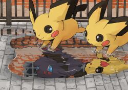 aomon_(yuuji7604) blue_eyes city closed_mouth different_reflection gen_2_pokemon gen_5_pokemon highres nintendo no_humans open_mouth pichu pokemon pokemon_(creature) reflection reflective_water road smile street water zorua