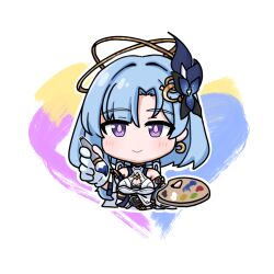 1girl blue_hair breasts chibi cleavage cleavage_cutout closed_mouth clothing_cutout commentary_request cropped_torso dress griseo hair_between_eyes hair_intakes holding holding_paintbrush honkai_(series) honkai_impact_3rd long_hair looking_at_viewer medium_breasts mokkyo_(motkyo) paint_palette paintbrush parted_bangs purple_eyes smile solo upper_body white_background white_dress