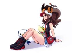 1girl arm_support bag baseball_cap brown_hair chimosaku commentary_request denim denim_shorts duplicate gen_5_pokemon handbag hat highres hilda_(pokemon) legs looking_at_viewer nintendo open_mouth oshawott pixel-perfect_duplicate pokemon pokemon_(creature) pokemon_bw ponytail shorts sitting snivy starter_pokemon_trio tepig