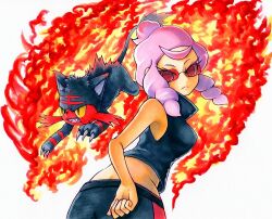 1girl back bare_arms bare_shoulders black_fur black_pants black_tank_top breasts cat creatures_(company) fire game_freak gen_7_pokemon kitten litten looking_back malva_(pokemon) medium_breasts midriff nintendo orange-tinted_eyewear pants pink_hair pokemon pokemon_(creature) pokemon_xy ponytail red-tinted_eyewear red_eyes red_fur short_hair_with_long_locks short_ponytail sidelocks sunglasses tank_top tinted_eyewear two-tone_fur two-tone_pants yuka_(yukaaaaaaa0705)