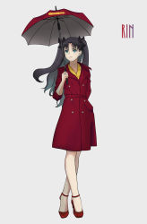1girl arm_behind_back black_bow bow brown_hair character_name coat coat_dress dress fate/stay_night fate_(series) female_focus floating_hair full_body grey_background hair_bow hair_intakes high_heels highres holding holding_umbrella horikkita long_hair long_sleeves pumps red_coat red_footwear red_umbrella simple_background solo standing tohsaka_rin umbrella very_long_hair