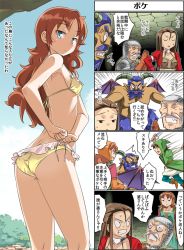 aira_(dq7) ass blue_eyes blush breasts brown_hair cleavage closed_mouth curly_hair dragon_quest dragon_quest_vii dress green_eyes hat hero_(dq7) hood imaichi long_hair maribel_(dq7) monster multiple_boys multiple_girls open_mouth red_hair sideboob sir_mervyn smile swimsuit wings
