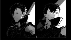 Rule 34 | 1boy, armor, closed eyes, closed mouth, collared shirt, commentary request, fire emblem, fire emblem: three houses, frown, greyscale, hair over one eye, hubert von vestra, hubert von vestra (timeskip), looking ahead, male focus, monochrome, multiple views, nintendo, parted hair, pauldrons, popped collar, shenye yuu, shirt, short hair, shoulder armor, upper body