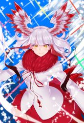 1girl bird_tail blunt_bangs brown_hair female_focus floating_hair fur_collar head_wings japanese_crested_ibis_(kemono_friends) kemono_friends long_hair long_sleeves looking_at_viewer multicolored_hair notora outstretched_arms red_hair red_skirt shirt sidelocks silver_hair skirt smile solo spread_arms tail white_shirt wings yellow_eyes