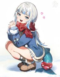 1girl blue_coat blue_hair blue_nails blue_socks blush boots brown_boots coat commentary english_commentary fins fish_tail gawr_gura gawr_gura_(winter_casual) hair_ornament heart highres hololive hololive_english long_hair multicolored_hair nail_polish official_alternate_costume official_alternate_hair_length official_alternate_hairstyle open_mouth red_scarf scarf shark_girl shark_tail sharp_teeth smile socks solo streaked_hair tail teeth tenchi_mayo upper_teeth_only virtual_youtuber white_hair winter_clothes winter_coat x_hair_ornament