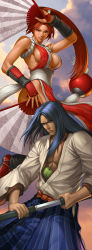 Rule 34 | 1boy, 1girl, apple, blue hair, breasts, crossover, fatal fury, folding fan, food, fruit, hand fan, highres, holding, holding food, holding fruit, japanese clothes, katana, kimono, large breasts, long hair, long image, orange eyes, pelvic curtain, ponytail, red hair, revealing clothes, samurai spirits, sheath, shiranui mai, sideboob, snk, stanley lau, sword, tachibana ukyo, tachibana ukyou, tall image, the king of fighters, unsheathing, weapon
