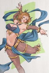 1girl alternate_costume artist_name barefoot blonde_hair blue_eyes bracelet breasts cosplay dancer dancing dorothea_arnault dorothea_arnault_(plegian) dorothea_arnault_(plegian)_(cosplay) female_kiran_(fire_emblem) fire_emblem fire_emblem_heroes freckles gold_bracelet gold_choker highres jewelry kiran_(fire_emblem) ladyverdigris large_breasts looking_at_viewer medium_hair nail_polish navel nintendo pantyhose simple_background smile solo stomach