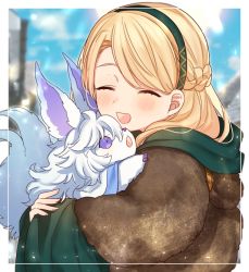 1girl blonde_hair blue_sky blurry blurry_background braid cloud cloudy_sky creature day depth_of_field eyebrows_hidden_by_hair fate/grand_order fate_(series) fingernails fou_(fate) gerda_(fate) green_hairband hairband hood hood_down hug karokuchitose long_hair long_sleeves outdoors purple_eyes sky sleeves_past_wrists upper_body wide_sleeves