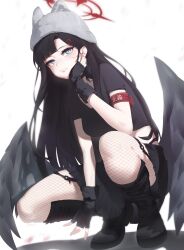 1girl 26duck alternate_costume animal_ear_headwear armband bad_tag black_boots black_choker black_gloves black_hair black_shirt black_skirt black_wings blue_archive blue_eyes blunt_bangs blush boots choker closed_mouth fake_animal_ears feathered_wings fingerless_gloves fishnet_pantyhose fishnets gloves grey_hat hair_behind_ear hand_on_own_face hat highres ichika_(blue_archive) long_hair looking_at_viewer pantyhose red_armband shirt skirt solo squatting wings