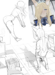 2girls absurdres animal_ear_fluff animal_ears armband aru_(blue_archive) bent_over blonde_hair blue_archive blue_necktie blue_shirt blush book boots bow broken_cup bruise bruise_on_face cabinet calendar_(object) chair clipboard collared_shirt crying crying_with_eyes_open desk dog_ears extra_ears flying_sweatdrops hair_bow hair_over_one_eye halo highres horns indoors injury jacket kanna_(blue_archive) long_hair long_sleeves multiple_girls multiple_views necktie notched_ear office_chair parack partially_colored rain shirt side_slit skirt strappy_heels swivel_chair tears tile_floor tiles trembling window