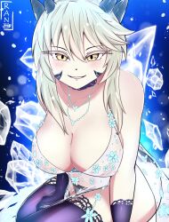absurdres artoria_pendragon_(fate) artoria_pendragon_(lancer_alter)_(fate) blonde_hair blush breasts dragon_girl dragon_horns fang fate/grand_order fate_(series) highres horns ice large_breasts lingerie panties ran_sk royal_icing smug thighhighs underwear yellow_eyes