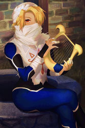 1girl 756zl androgynous blonde_hair bodysuit brick_wall crossed_legs finger_wrap hair_over_one_eye harp highres instrument looking_at_viewer mask nintendo red_eyes sheik sitting solo the_legend_of_zelda the_legend_of_zelda:_ocarina_of_time turban