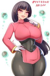1girl anisdrawn black_hair blunt_bangs blush bodysuit bodysuit_under_clothes breasts crop_top floating floating_object gloves highres large_breasts levitation long_hair long_sleeves looking_at_viewer nintendo pantyhose pencil_skirt poke_ball poke_ball_(basic) pokemon pokemon_frlg red_eyes sabrina_(pokemon) simple_background skirt smile solo telekinesis white_gloves