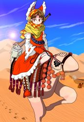 1girl 2girls absurdres benikurage_(cookie) boots bow brown_eyes brown_hair cat checkered_clothes checkered_scarf closed_mouth commentary_request cookie_(touhou) creature cross-laced_footwear day desert detached_sleeves frilled_bow frilled_skirt frills full_body gloves gun hair_bow hakurei_reimu highres lens_flare looking_to_the_side manatsu_no_yo_no_inmu mittens miura_cat miura_meat multiple_girls orange_scarf outdoors pai_kebon_baa parted_bangs pouch red_bow red_footwear red_gloves red_shirt red_skirt reins ribbon-trimmed_sleeves ribbon_trim riding rifle saddle sand scarf shirt skirt skirt_set touhou weapon white_sleeves yajuu_senpai yellow_scarf
