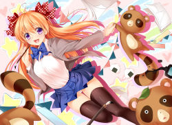 10s 1girl absurdres black_thighhighs bow brown_hair brush gekkan_shoujo_nozaki-kun guchiota_field hair_bow highres inkwell long_sleeves panties pantyshot paper polka_dot polka_dot_bow purple_eyes sakura_chiyo school_uniform tanuki thighhighs underwear weisuoxin white_panties