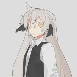 Rule 34 | 1girl, black vest, black wings, bolos, buttons, closed mouth, collared shirt, grey background, grey hair, head wings, long hair, original, shirt, sidelocks, simple background, solo, vest, white shirt, wings, yellow eyes