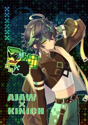 Rule 34 | 1boy, 1other, absurdres, ajaw (genshin impact), arm tattoo, belt, black hair, black shirt, black sleeves, closed mouth, crop top, earrings, erzplubdduik93g, genshin impact, green eyes, green hair, green headband, green pants, hair between eyes, headband, highres, jewelry, kinich (genshin impact), looking at viewer, male focus, midriff, multicolored hair, navel, neck tattoo, pants, shirt, short hair, simple background, streaked hair, tattoo