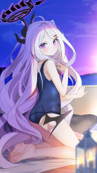 Rule 34 | 1girl, ahoge, bare arms, bare legs, barefoot, blue archive, blue one-piece swimsuit, blush, full body, hair ornament, hairclip, halo, highres, hina (blue archive), hina (swimsuit) (blue archive), horns, kneeling, kurot, lantern, long hair, looking at viewer, low wings, one-piece swimsuit, parted bangs, parted lips, purple eyes, purple hair, solo, swimsuit, twitter username, very long hair, whistle, whistle around neck, wings