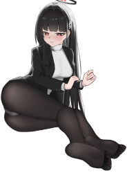 1girl absurdres ass black_hair black_jacket black_pantyhose black_skirt blazer blue_archive blush chinese_commentary commentary daguaishougemola feet hair_ornament hairclip halo highres jacket long_hair panties pantyhose pleated_skirt red_eyes rio_(blue_archive) simple_background skirt soles solo sweater toes turtleneck turtleneck_sweater underwear white_background white_panties white_sweater