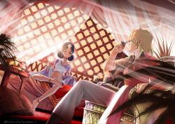 1boy 1girl anklet artist_name black_hair blonde_hair char_aznable choco_(chocolate_shop) commentary_request crop_top dark-skinned_female dark_skin double_bun earrings green_eyes gundam hair_bun hair_ornament harem_outfit holding holding_removed_eyewear indoors jewelry lalah_sune midriff mobile_suit_gundam navel official_art on_bed on_chair open_mouth pants plant shirt short_hair short_sleeves sitting smile sunglasses twitter_username unworn_eyewear window