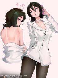 1girl artist_name bare_back bare_shoulders black_hair bleach breasts cellphone charm_(object) choker collarbone female_focus flip_phone highres jacket kuchiki_rukia medium_hair on_the_phone opalis pantyhose patreon_username phone simple_background small_breasts