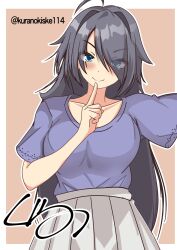 Rule 34 | 1girl, ahoge, black hair, blue eyes, blue shirt, brown background, cowboy shot, eyes visible through hair, finger to mouth, hair down, hair over one eye, highres, index finger raised, kako (kancolle), kako (summer) (kancolle), kantai collection, kurano kisuke, long hair, official alternate costume, official alternate hairstyle, one-hour drawing challenge, pleated skirt, shirt, signature, skirt, smile, solo, twitter username, white skirt
