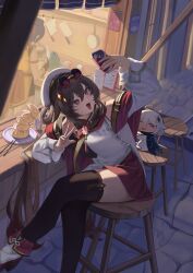 3girls absurdres bare_shoulders beret black_thighhighs brown_eyes brown_hair chinese_clothes dumpling eyewear_on_head fingernails flower-shaped_pupils food genshin_impact hair_between_eyes hair_rings hat highres holding holding_phone hu_tao_(cherries_snow-laden)_(genshin_impact) hu_tao_(genshin_impact) letco2766 long_hair long_sleeves looking_at_phone looking_at_viewer multiple_girls nail_polish official_alternate_costume official_alternate_hairstyle on_chair open_mouth paimon_(genshin_impact) phone red-tinted_eyewear red_eyes red_nails red_skirt round_eyewear selfie skirt smile solo_focus symbol-shaped_pupils thighhighs thighs tinted_eyewear w white_hat wooden_chair xiangling_(genshin_impact) yellow-framed_eyewear