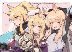 3girls animal_ears anniversary arknights armor aunt_and_niece blemishine_(arknights) blonde_hair blue_eyes blush bouquet cameo character_doll character_name extra_ears fang flower hand_up highres holding holding_bouquet horse_ears kingdom_of_kazimierz_logo kyou_039 long_hair looking_at_viewer multiple_girls nearl_(arknights) nightingale_(arknights) official_alternate_costume one_eye_closed open_mouth pink_background platinum_(arknights) ponytail shining_(arknights) siblings sidelocks sideways_glance sisters skin_fang thick_eyebrows twitter_username upper_body whislash_(arknights) whislash_(glory_purple)_(arknights) yellow_eyes