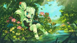 1girl :3 :d animal_nose aqua_pupils aqua_sky artist_name barefoot black_shirt black_shorts blue_flower breasts buck_teeth bush cloud colored_skin commentary crocus_(flower) daisy dated day drawing english_commentary eyeshadow flower forest furry furry_female grass green_theme happy highres holding humanoid_robot hydrangea ivy kiki_the_cyber_squirrel krita_(medium) krita_(software) lake layered_sleeves leaf lily_(flower) lily_of_the_valley lily_pad long_sleeves looking_at_viewer lotus makeup md5_mismatch medium_breasts nature official_art official_wallpaper on_grass open_mouth orange_flower outdoors pink_eyes pink_eyeshadow pink_flower plant pond primrose_(flower) print_shirt purple_flower resolution_mismatch ripples river robot scenery shirt shore short_over_long_sleeves short_sleeves shorts sidelocks signature sitting sky smile soaking_feet solo source_smaller symbol-shaped_pupils teeth toes tree tulip tyson_tan vines water white_flower white_hair white_shirt white_skin yellow_flower