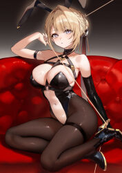 Rule 34 | 1girl, absurdres, alternate costume, animal ears, arm strap, arm up, black choker, black leotard, blonde hair, blue eyes, breasts, choker, clothing cutout, couch, evelyn chevalier, full body, grey background, high heels, highleg, highleg leotard, highres, large breasts, leotard, light particles, mole, mole under eye, navel cutout, pantyhose, playboy bunny, rabbit ears, sitting, smilesmile1312, solo, thigh strap, thighs, thread, zenless zone zero