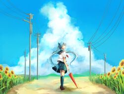 1girl akise0606 black_socks blue_hair brown_shoes closed_eyes closed_umbrella cloud commentary_request cumulonimbus_cloud flower full_body grin hatsune_miku highres holding holding_umbrella long_hair outdoors path pleated_skirt power_lines red_umbrella road sailor_collar scenery school_uniform serafuku shoes skirt smile socks solo sunflower twintails umbrella utility_pole vocaloid yellow_flower