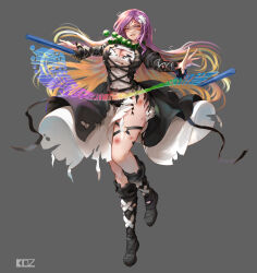 1girl absurdres artist_name bandaged_head bandages battle_damage bead_necklace beads black_boots black_bra black_dress black_panties blonde_hair boots bra breasts burnt_hair cape cleavage cleavage_cutout clothing_cutout commentary cross-laced_clothes damaged damaged_skin dress edz_drawz full_body gradient_hair grey_background highres hijiri_byakuren jewelry lace-up_boots layered_dress light_smile long_hair looking_at_viewer md5_mismatch multicolored_hair necklace panties purple_hair signature simple_background solo sorcerer&#039;s_sutra_scroll standing standing_on_one_leg tachi-e tearing_clothes tearing_up thigh_strap torn_cape torn_clothes touhou underwear very_long_hair white_dress